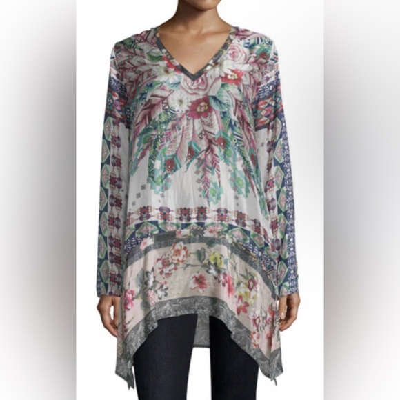 Johnny Was Tops - Johnny Was Tribeca Georgette Floral V Neck‎ Floral Aztec Tunic Cotton Women XS